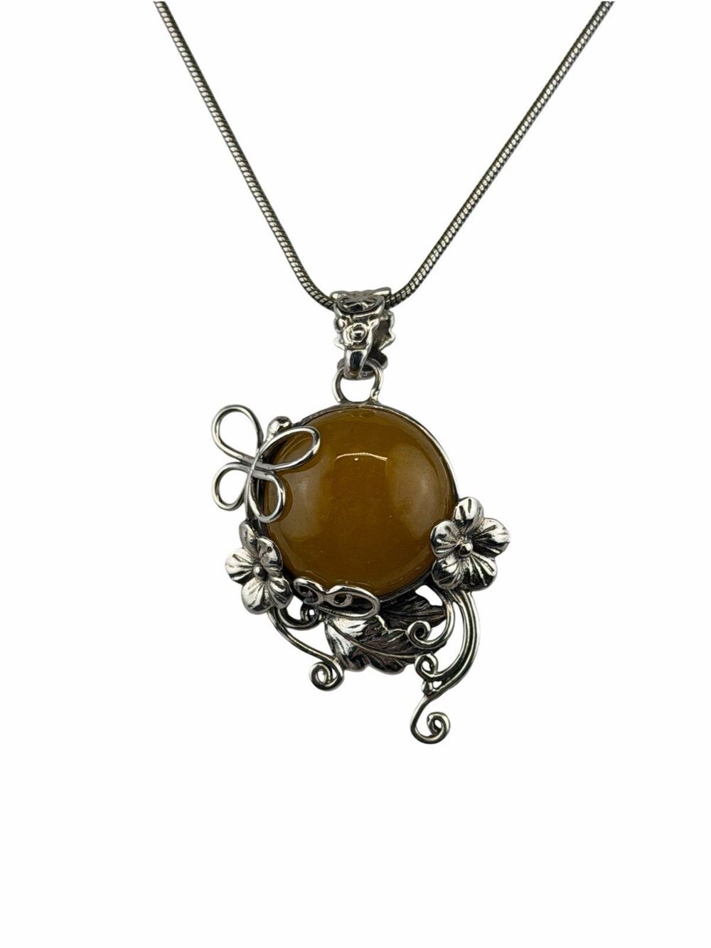 Flower & Butterfly Yellow Gemstone Pendant on Sterling Silver 18" Chain Necklace